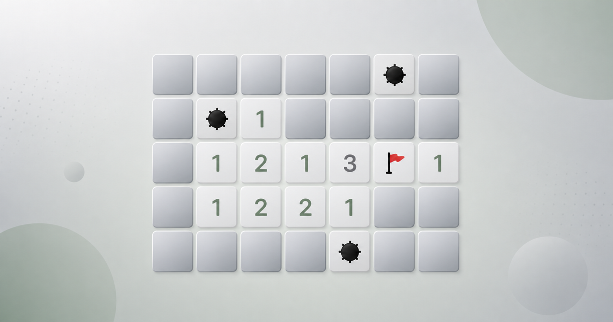 A minimal Minesweeper grid with numbered tiles, two mines, and a red flag