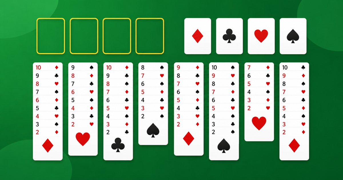 A FreeCell Solitaire layout with free cells, foundations, and card columns