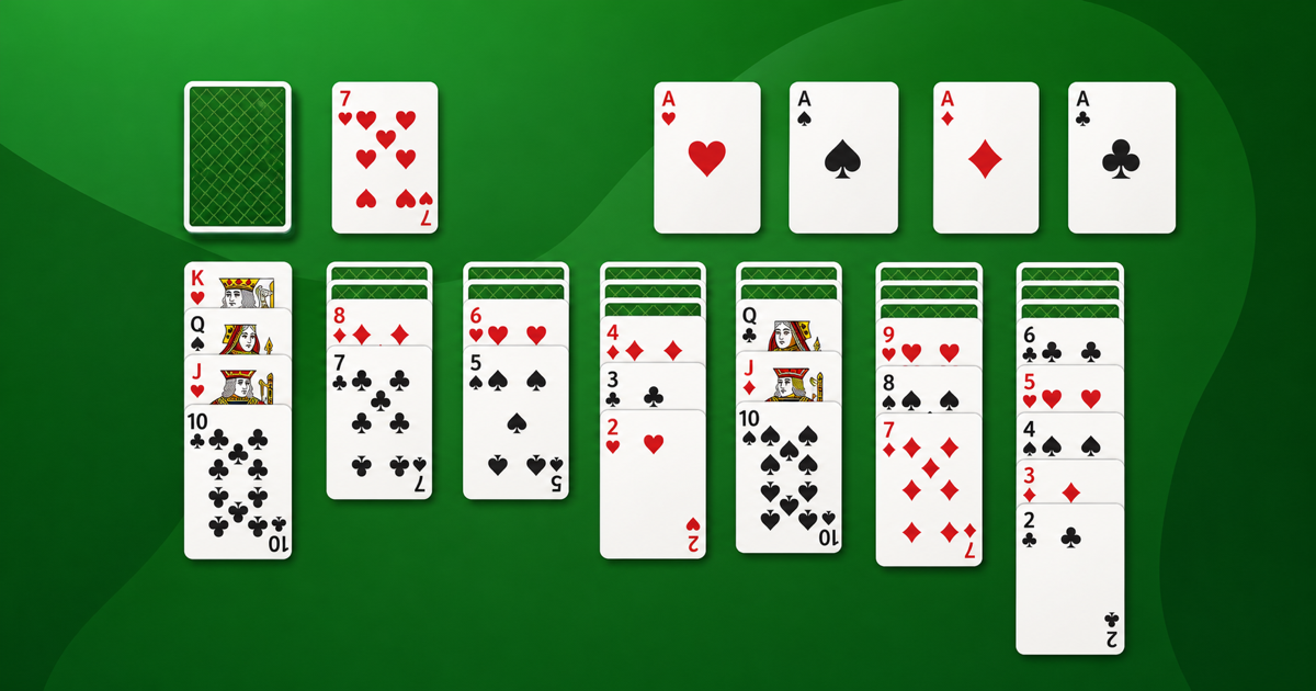 A clean, minimal Klondike Solitaire tableau of stacked playing cards